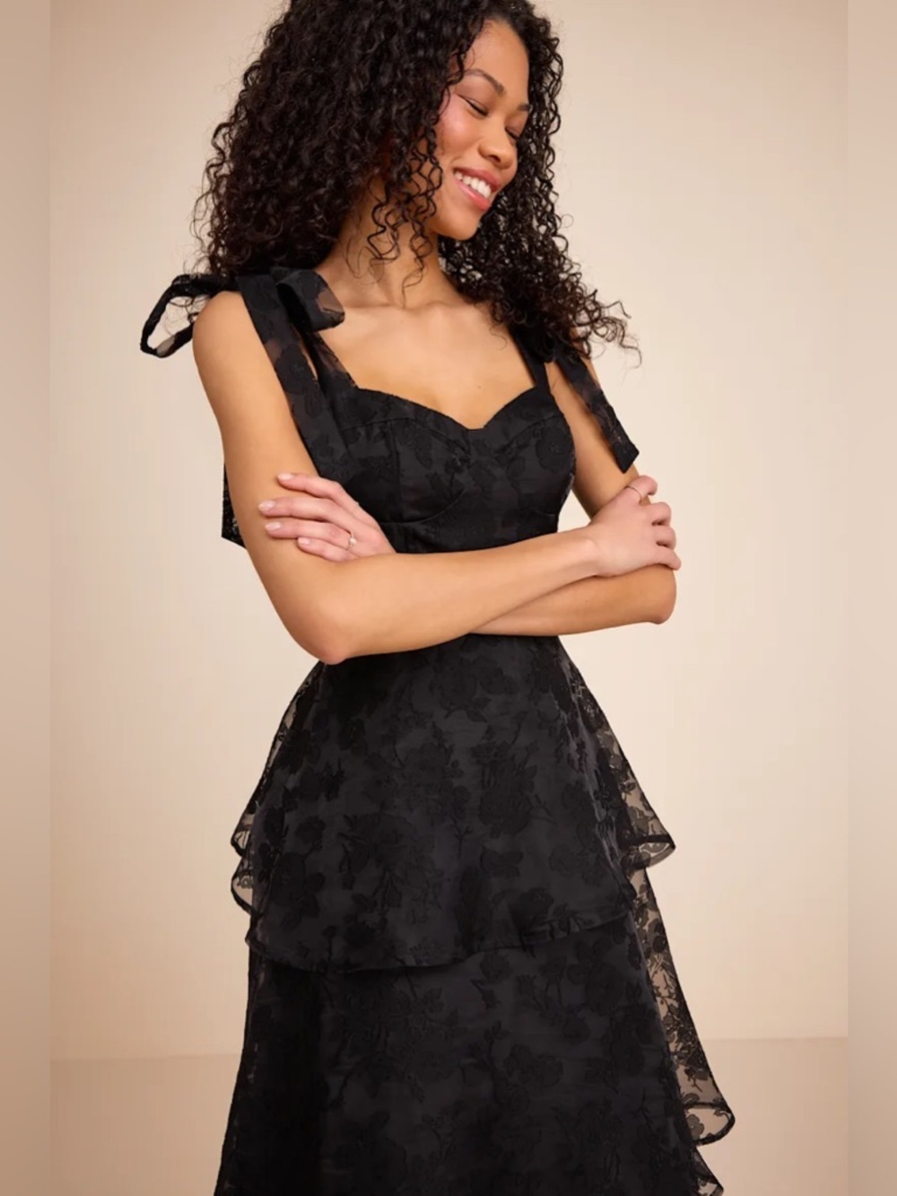 Lulus Glamorous Sweetie Black Burnout Tie-Strap Bustier Midi Dress - Picture 2 of 10